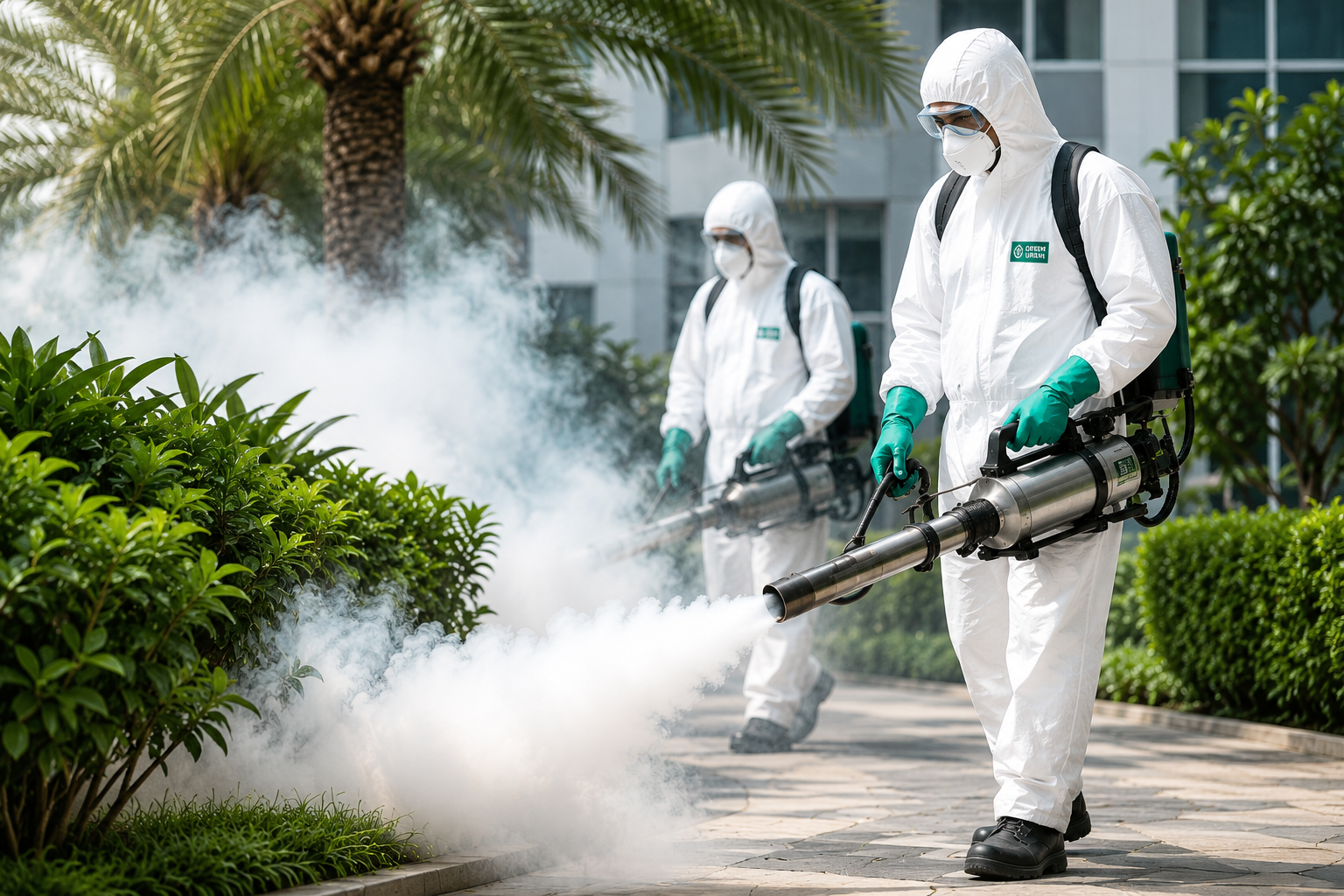 Fogging treatment technicians performing mosquito fogging in Dubai
